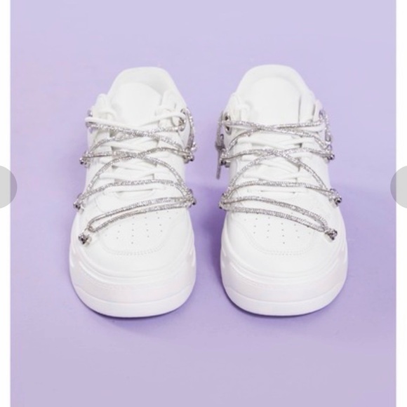 White Sneakers with Silver Accents with Rhinestone Lace - Picture 3 of 12